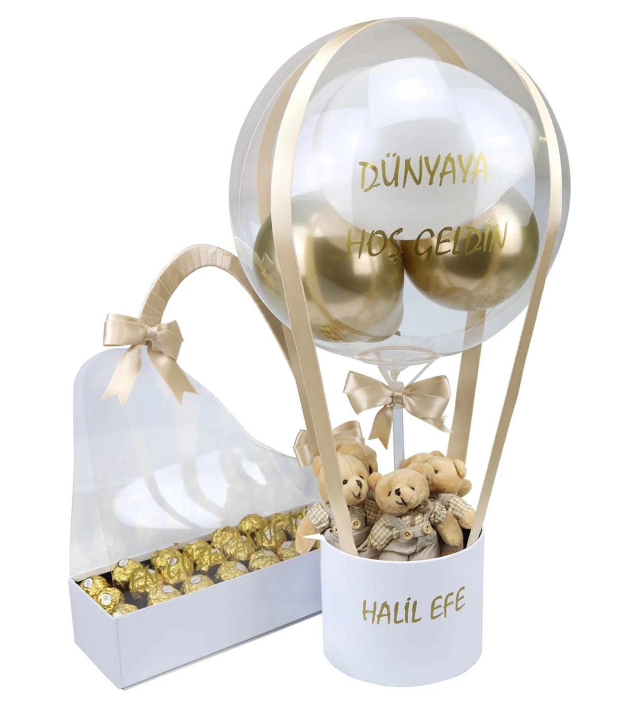 Yenidoğan Hediyesi - Gold, Beyaz Balon Kutusu Çikolata Set | Soft Tasarım