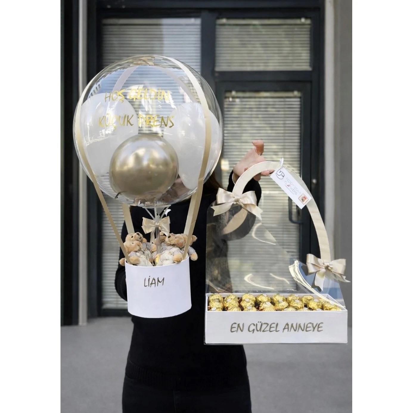 Yenidoğan Hediyesi - Gold, Beyaz Balon Kutusu Çikolata Set | Soft Tasarım