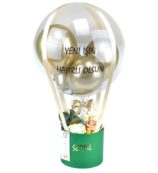 Balon Kutusu - Yeşil & Gold Çiçekli, Çikolatalı Balon Kutusu I Kişiye Özel