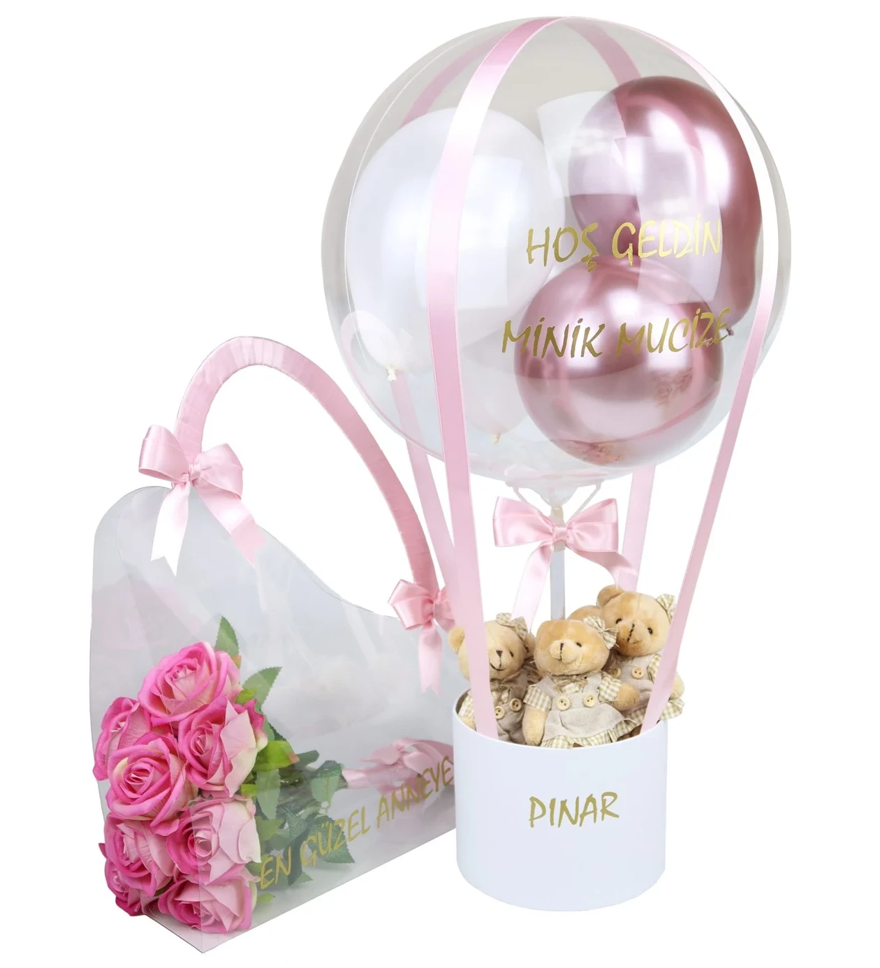 Balon Kutusu & Çantada Güller Set I Pembe, Beyaz Soft Tasarım I Sevimli Sunum