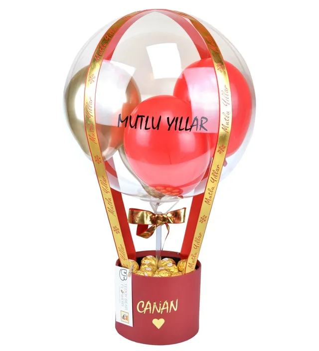 Yılbaşı Hediyesi - Mutlu Yıllar, Kırmızı & Gold Konsept Çikolatalı Balon Kutusu I Aynı Gün Teslimat