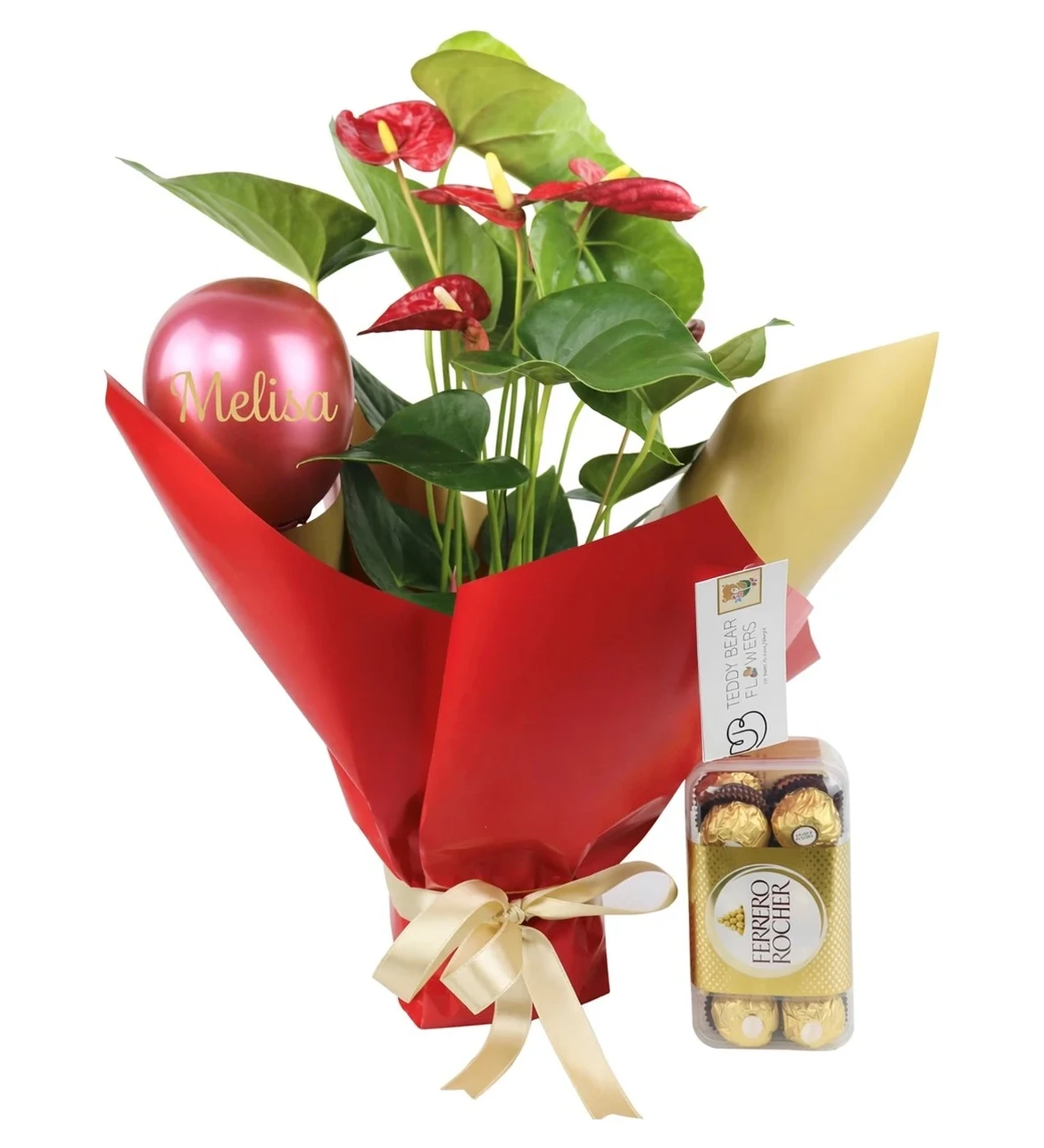 Kişiye Özel Baloncuklu Antoryum Çiçeği & Ferrero Rocher Çikolatalar 