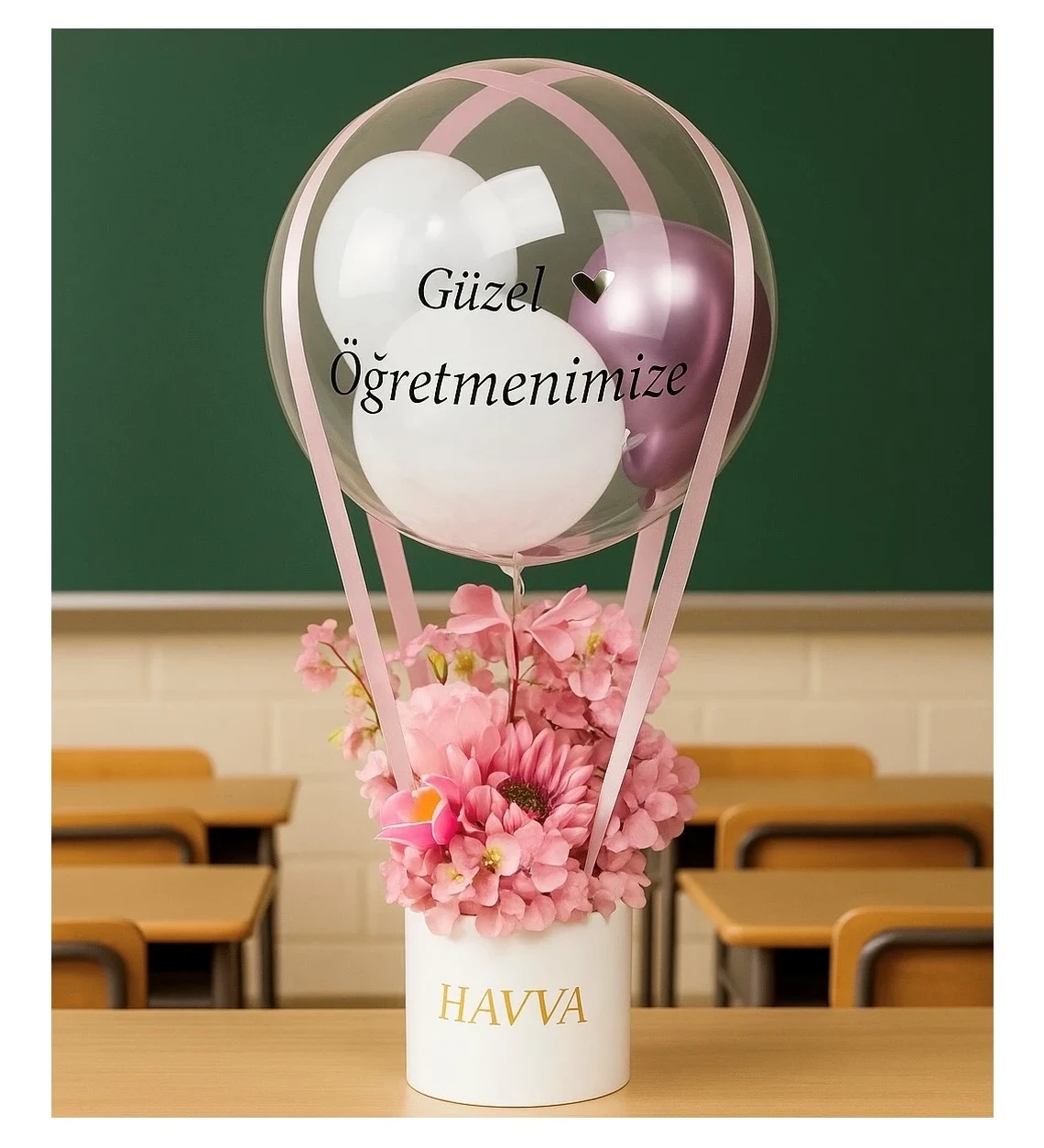 Balon Kutusu Beyaz & Pembe Çiçekli | Kişiselleştirilebilir Öğretmen Tasarımı