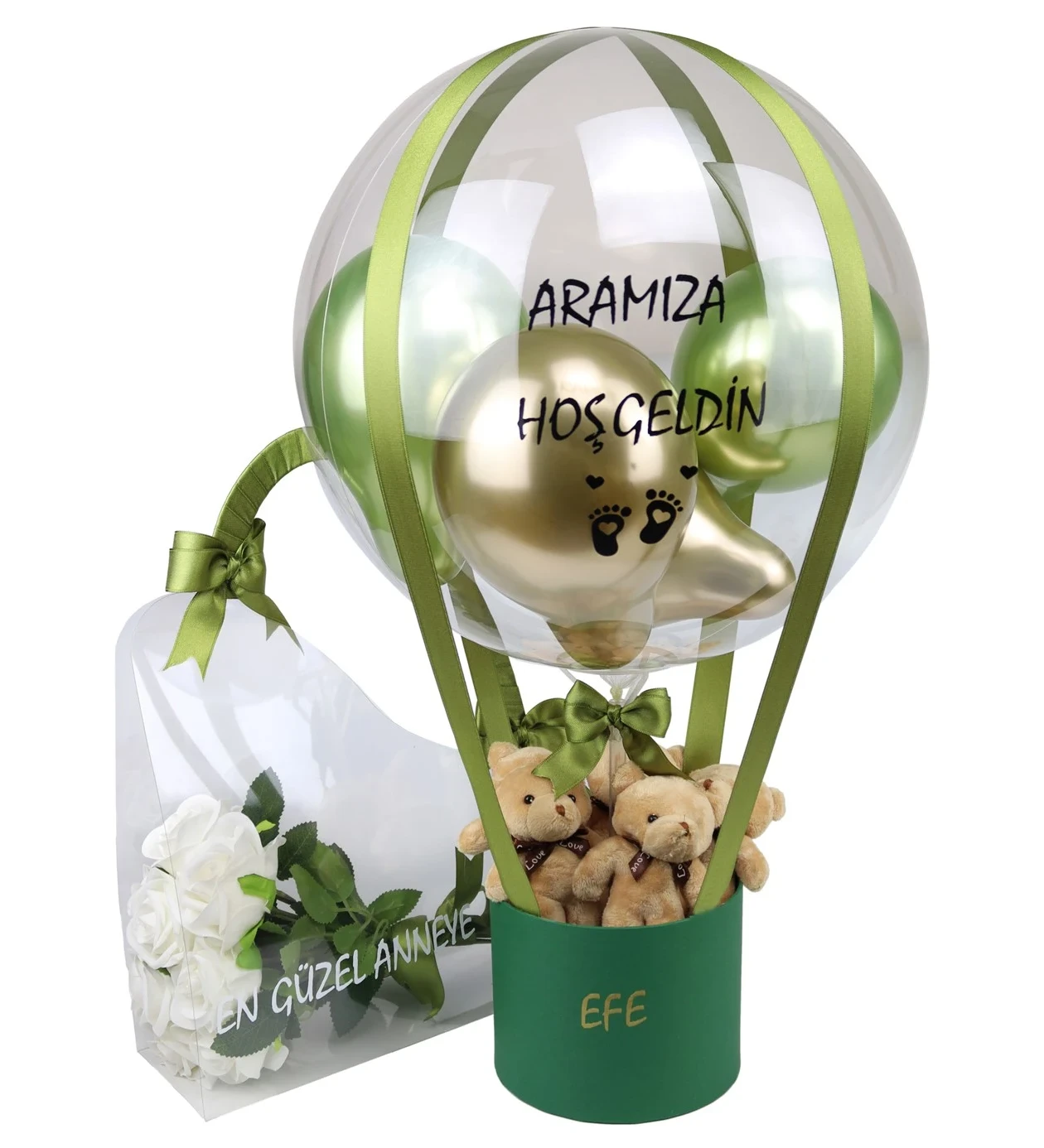 Anne & Bebek Set - Gold & Yeşil Balon Kutusu, Çantada Kalıcı Güller I Kişiye Özel