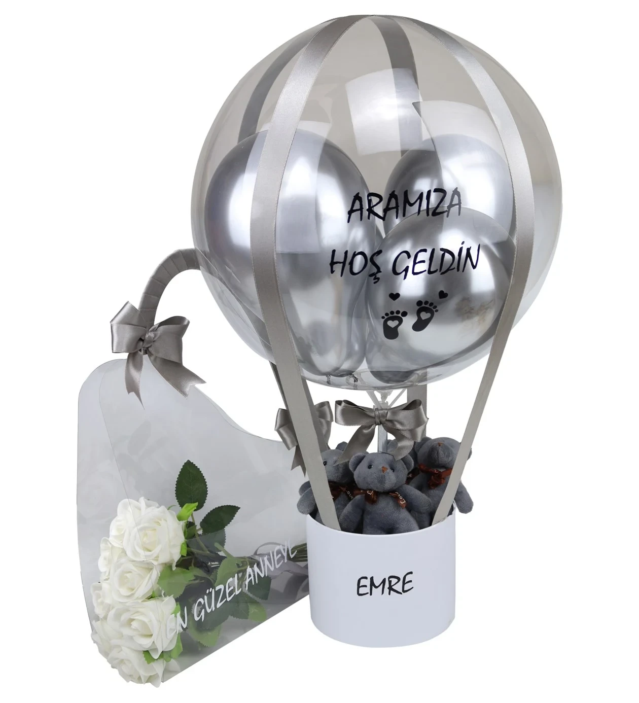 Anne & Bebek Set- Gri & Beyaz Balon Kutusu, Çantada Kalıcı Beyaz GüllerI Kişiye Özel