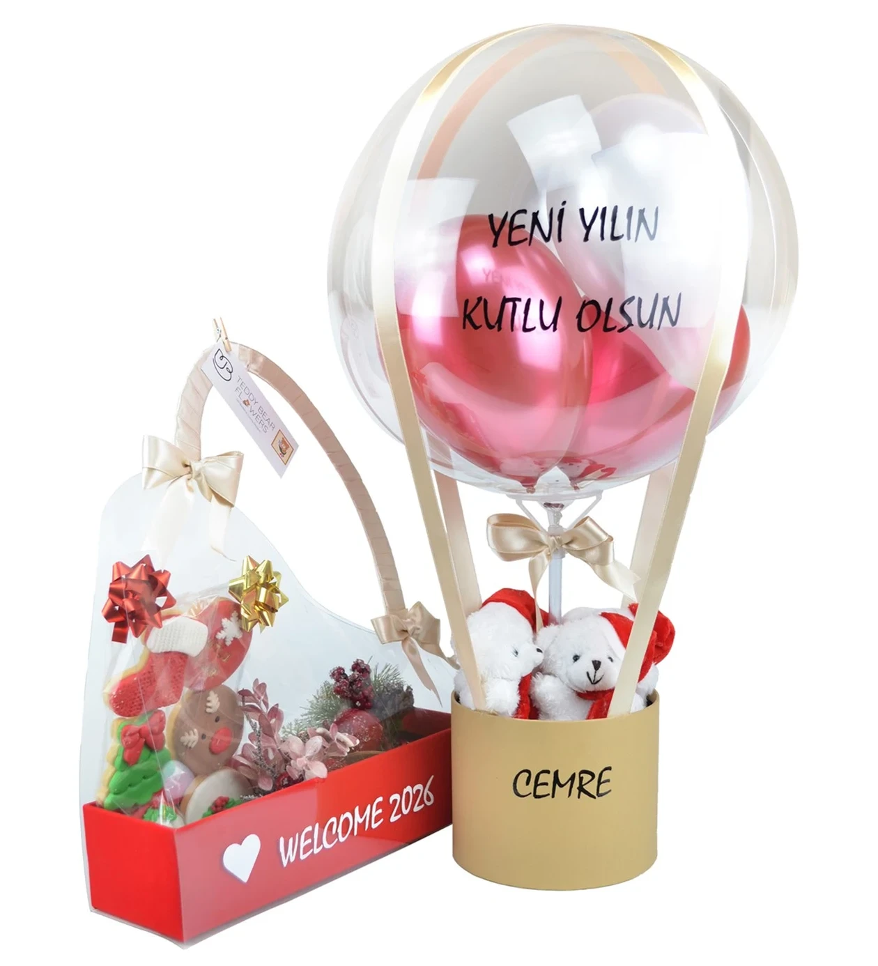 Yeni Yıl Hediyesi - Yeni Yılın Kutlu Olsun Balon Kutusu & Çantada Tasarım Kurabiyeler Set I Kişiselleştirilebilir Hediye