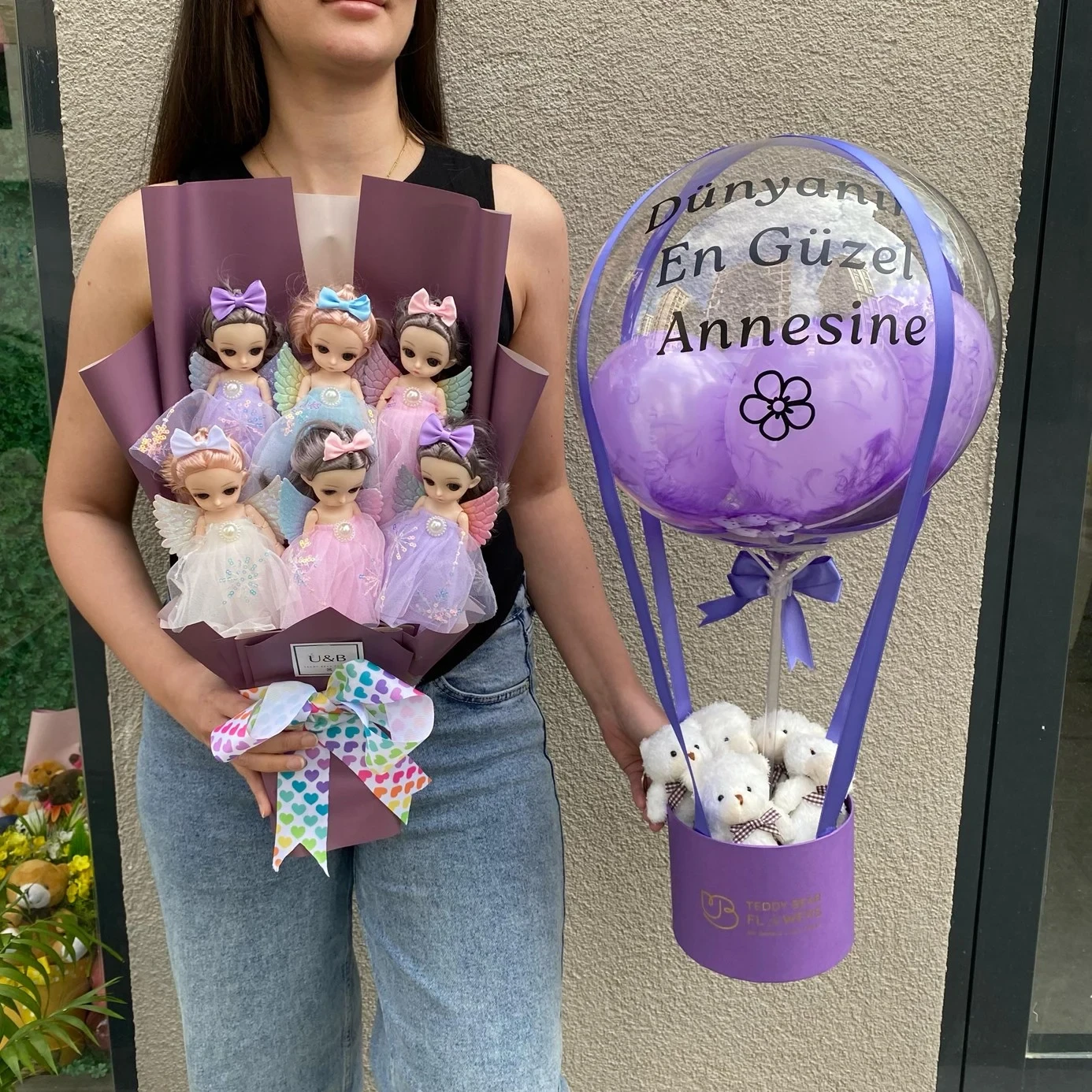 Kişiselleştirilebilir Peri Kızı Ayıcık Buketi & Mor Balon Kutusu