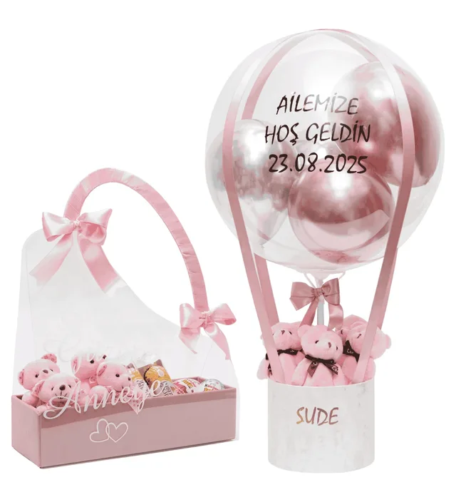 Pembe & Gümüş Balon Kutusu & Kadife Kutulu Çantada Çikolatalar Set