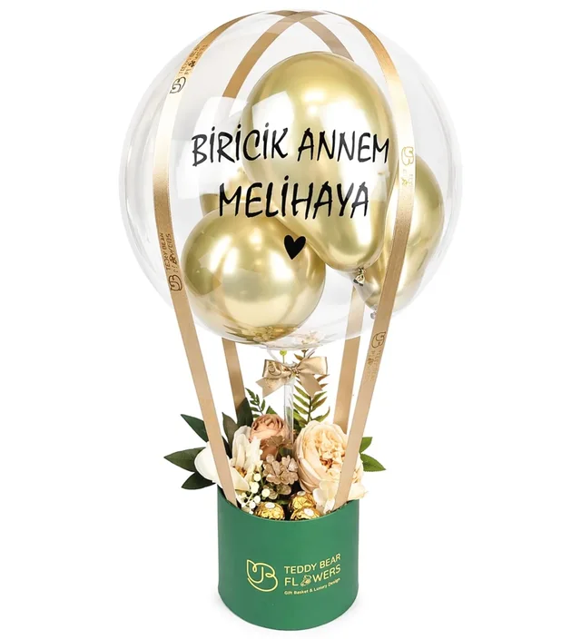 Anneler Günü - Çikolatalı Gold Çiçekli, Yeşil Tasarım Kişiye Özel Balon Kutusu