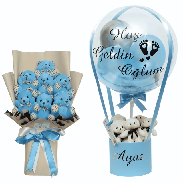 Yenidoğan Erkek Bebek Hediye Ayıcık Buketi Balon Kutusu Set