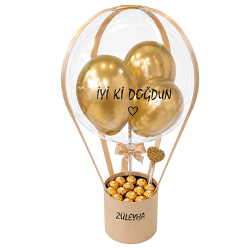 Sevgiliye Hediye | Gold Çikolata Balon Kutusu - Kişiye Özel Lüks Tasarım