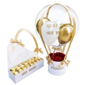Kırmızı Güllü Balon Kutusu & Çantada Rocher Çikolatalar | Kişiselleştirilebilir Soft Sunum 