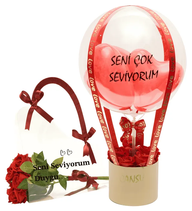 Sevgiliye Hediye Kalpli Balon Kutusu & Çantada Kalıcı Kırmızı Güller
