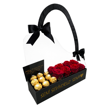 Kişiye Özel Pleksi Çantada Canlı Kırmızı Güller & Ferrero Rocher Çikolatalar | Lüx Sunum