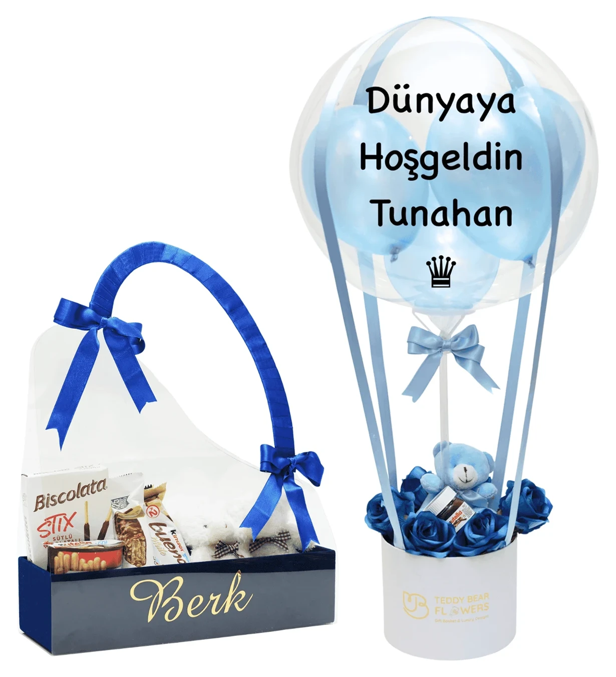 Kişiselleştirilebilir Kadife Kutulu Çantada Çikolatalar & Lacivert Güllü Balon Kutusu