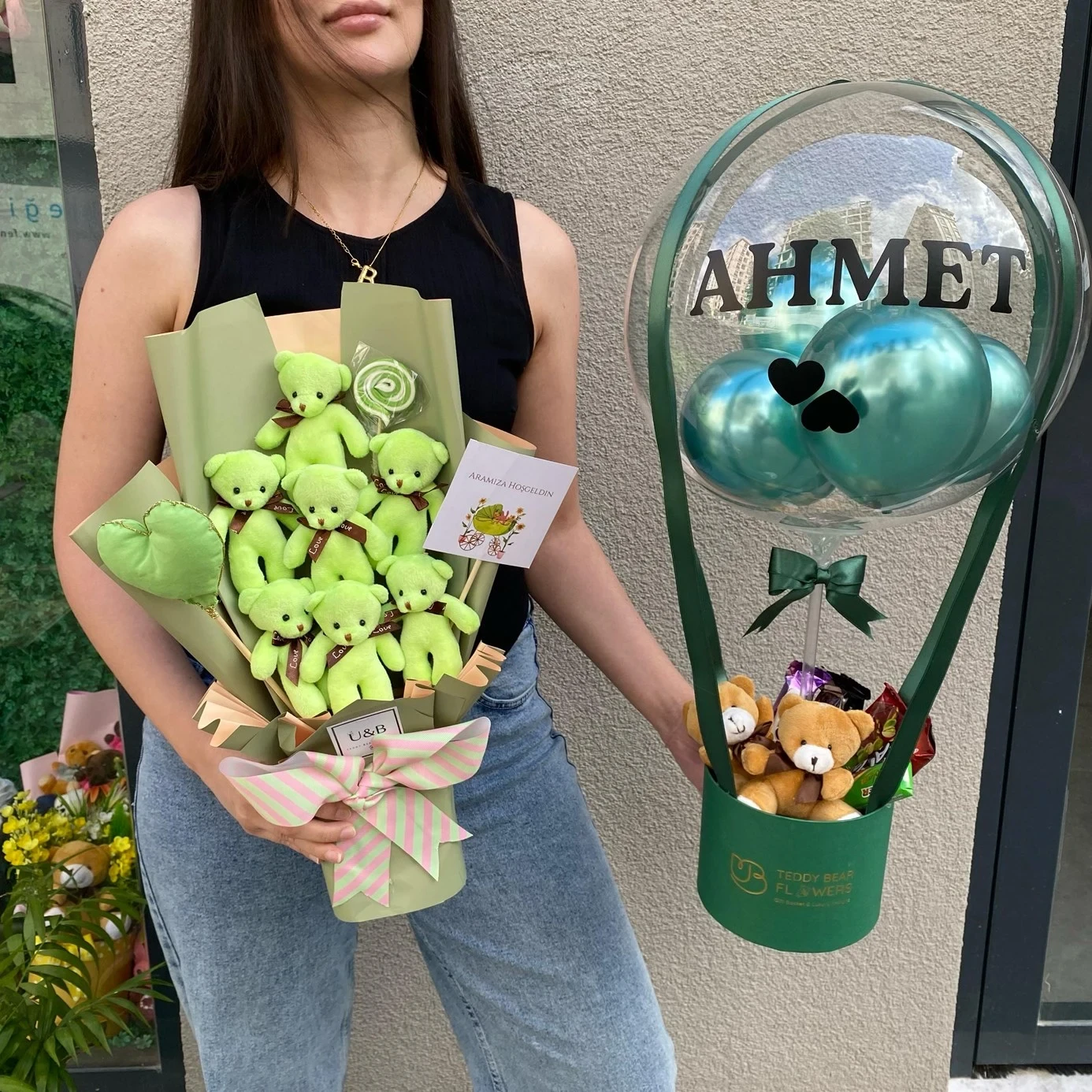 Kişiselleştirilebilir Yeşil Yenidoğan Ayıcık Buketi & Balon Kutusu Set