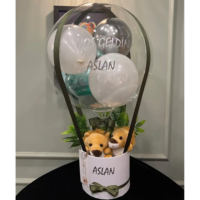 Yenidoğan Erkek Bebek Hediye | Aslanlı, Gümüş & Yeşil Balon Kutusu | Kişiye Özel