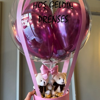 Yenidoğan Bebek, Doğum Hediyesi Pembe Kız Bebek Balon Kutusu - Ayıcıklı & Çikolatalı