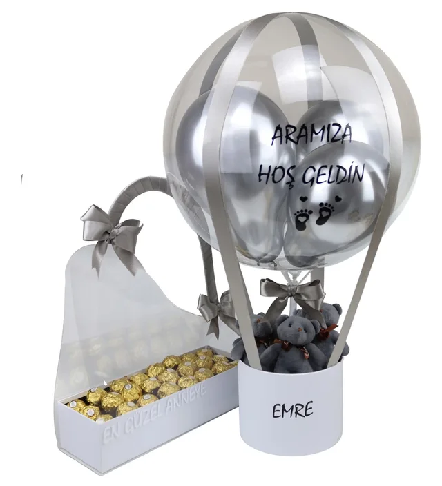 Anne & Bebek Set- Gri & Beyaz Balon Kutusu, Çantada Ferrero Rocher Çikolatalar I Kişiye Özel