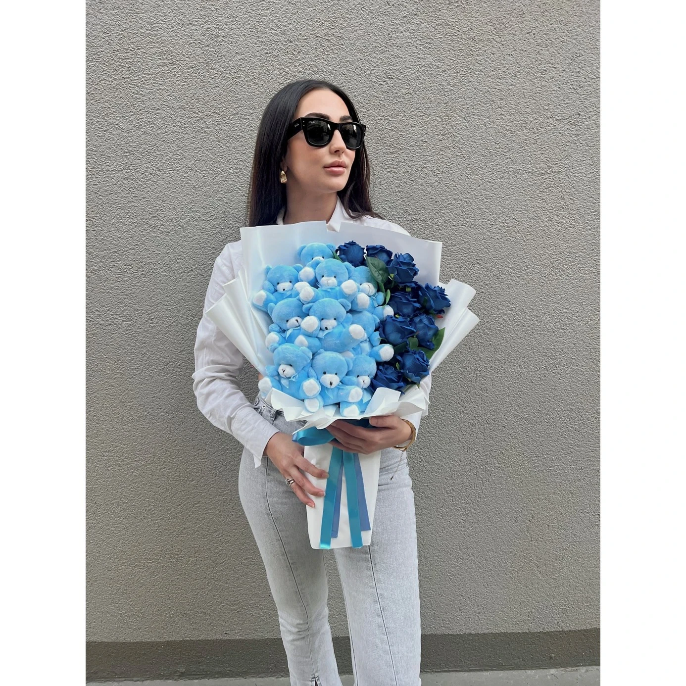 Premium Sky Blue Teddy Bear Flowers