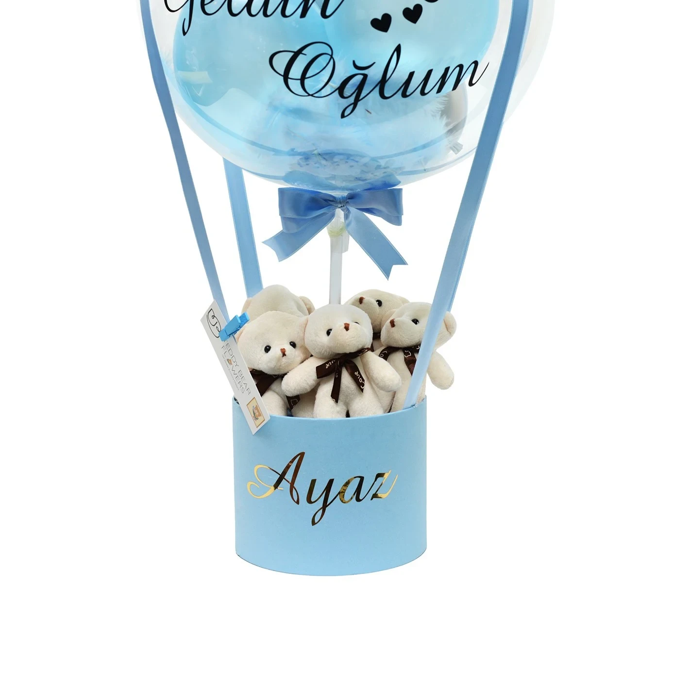 Kişiselleştirilebilir Kadife Kutuda Mavi Solmayan Gül & Çikolata Çantası & Balon Kutusu 3”lü Set