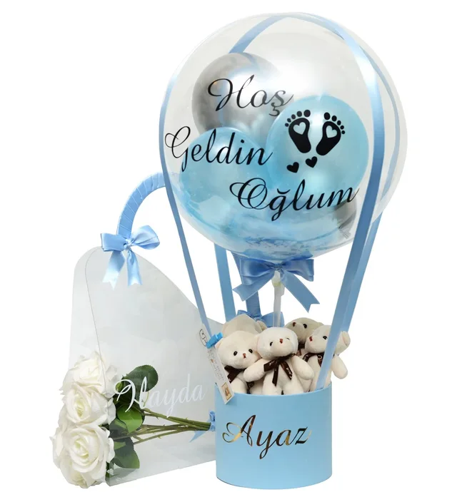 Mavi Yenidoğan Ayıcıklı Erkek Bebek Balon Kutusu & Çantada Solmayan Güller Anne Bebek Set
