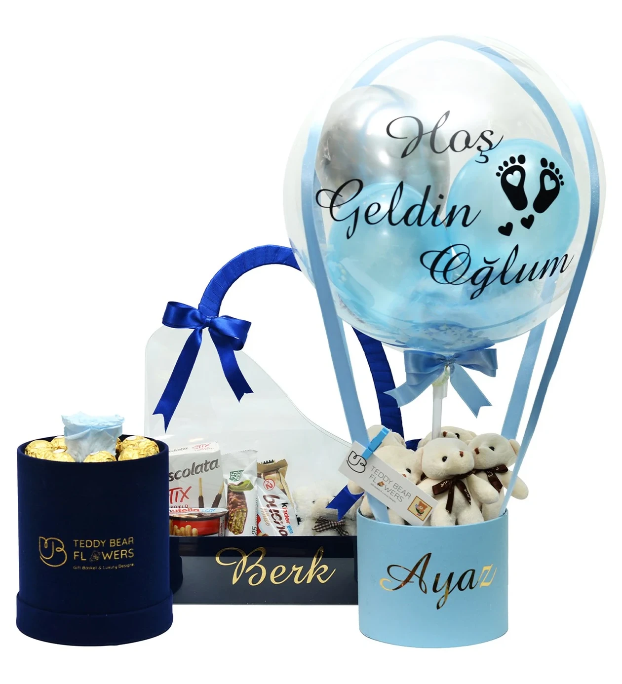 Kişiselleştirilebilir Kadife Kutuda Mavi Solmayan Gül & Çikolata Çantası & Balon Kutusu 3”lü Set