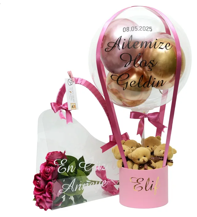Yenidoğan Kız Bebek Hediye Balon Kutusu & Anne Set