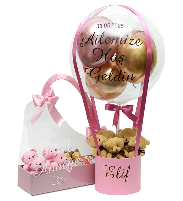 Kişiselleştirilebilir Pembe Çantada Çikolata & Balon Kutusu Set