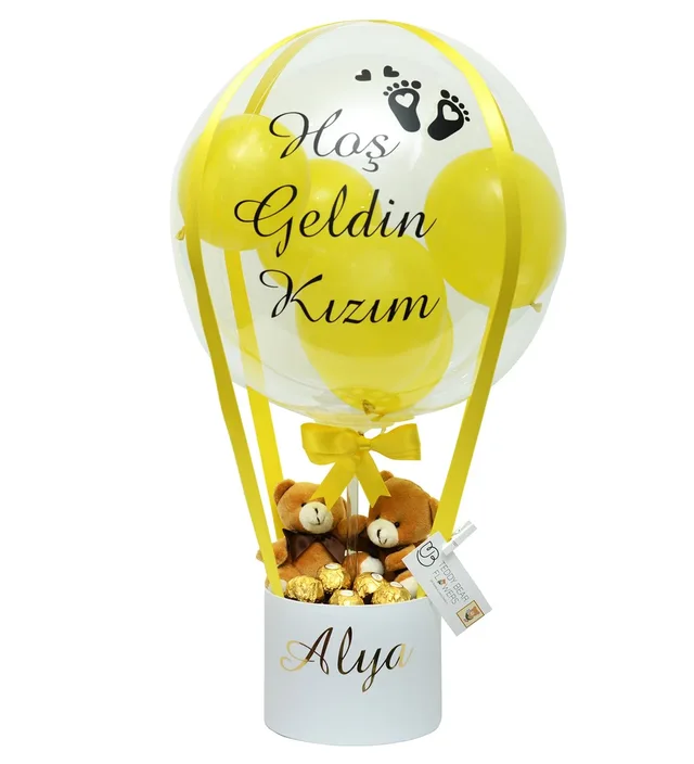 Sarı Ayıcıklı Çikolatalı Hediye Balon Kutusu