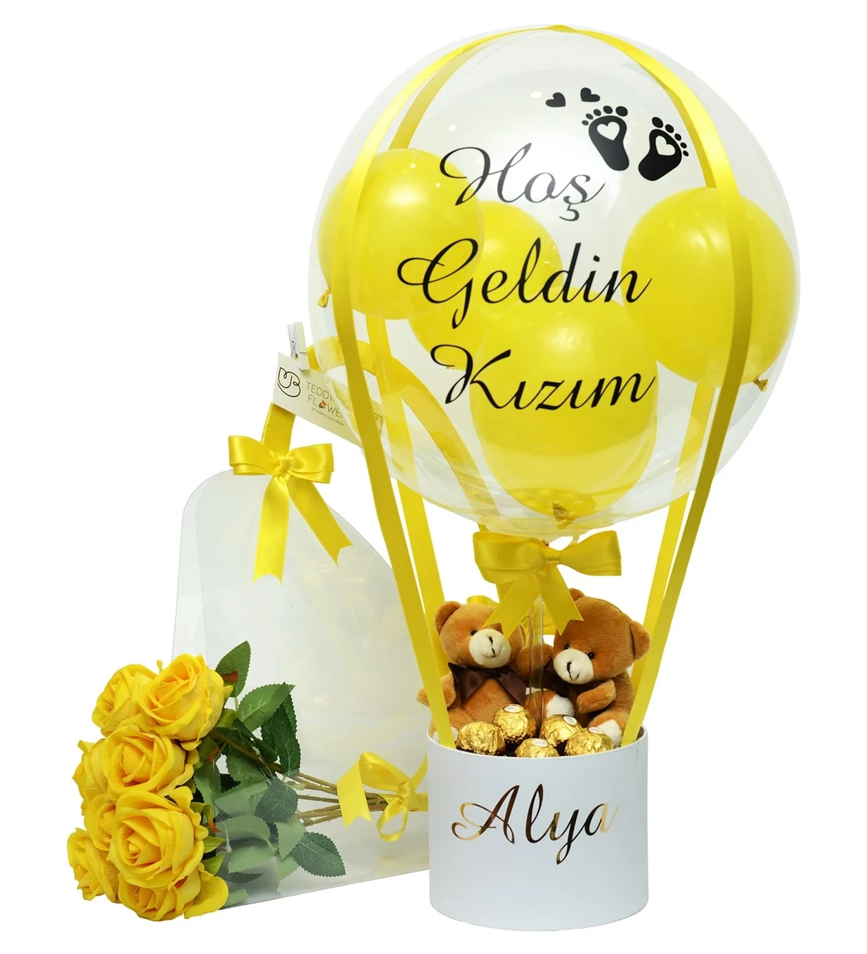 Ayıcıklı Çikolatalı Sarı Balon Kutusu & Çantada Solmayan Sarı Güller