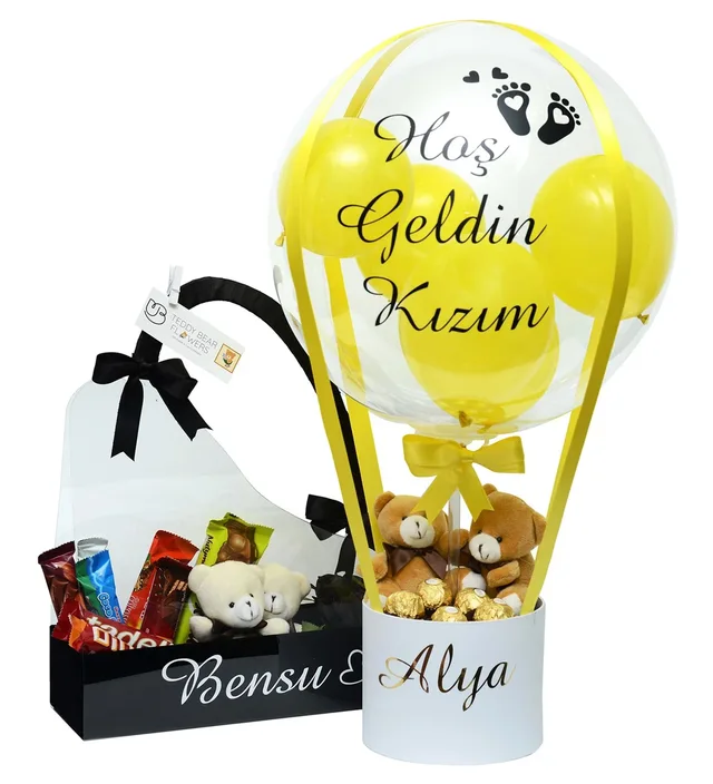 Kişiselleştirilebilir Siyah Çantada Çikolata & Sarı Balon Kutusu Set