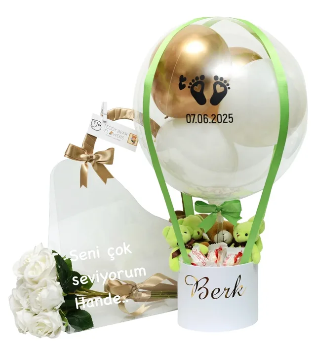 Yenidoğan Erkek Bebek Yeşil & Gold Ayıcıklı Balon Kutusu & Çantada Solmayan Beyaz Güller Set