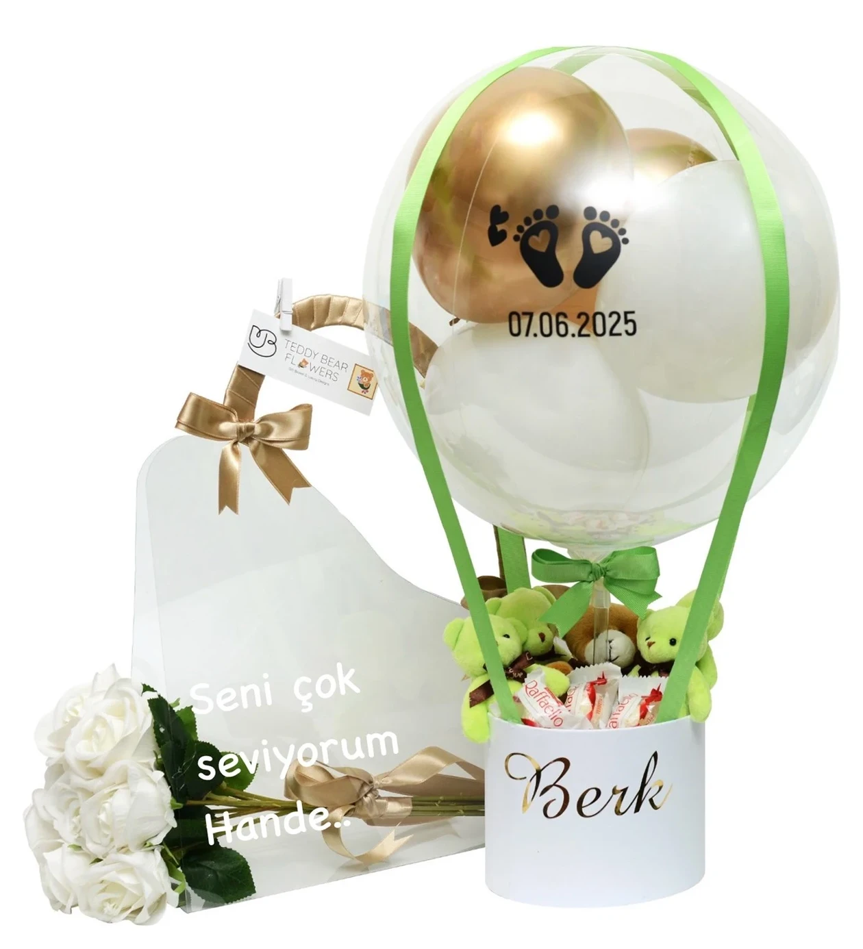 Yenidoğan Erkek Bebek Yeşil & Gold Ayıcıklı Balon Kutusu & Çantada Solmayan Beyaz Güller Set