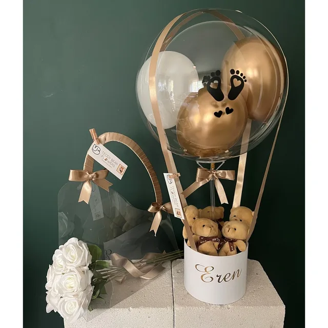 Bej Ayıcıklı Balon Kutusu Çantada Beyaz Güller Set