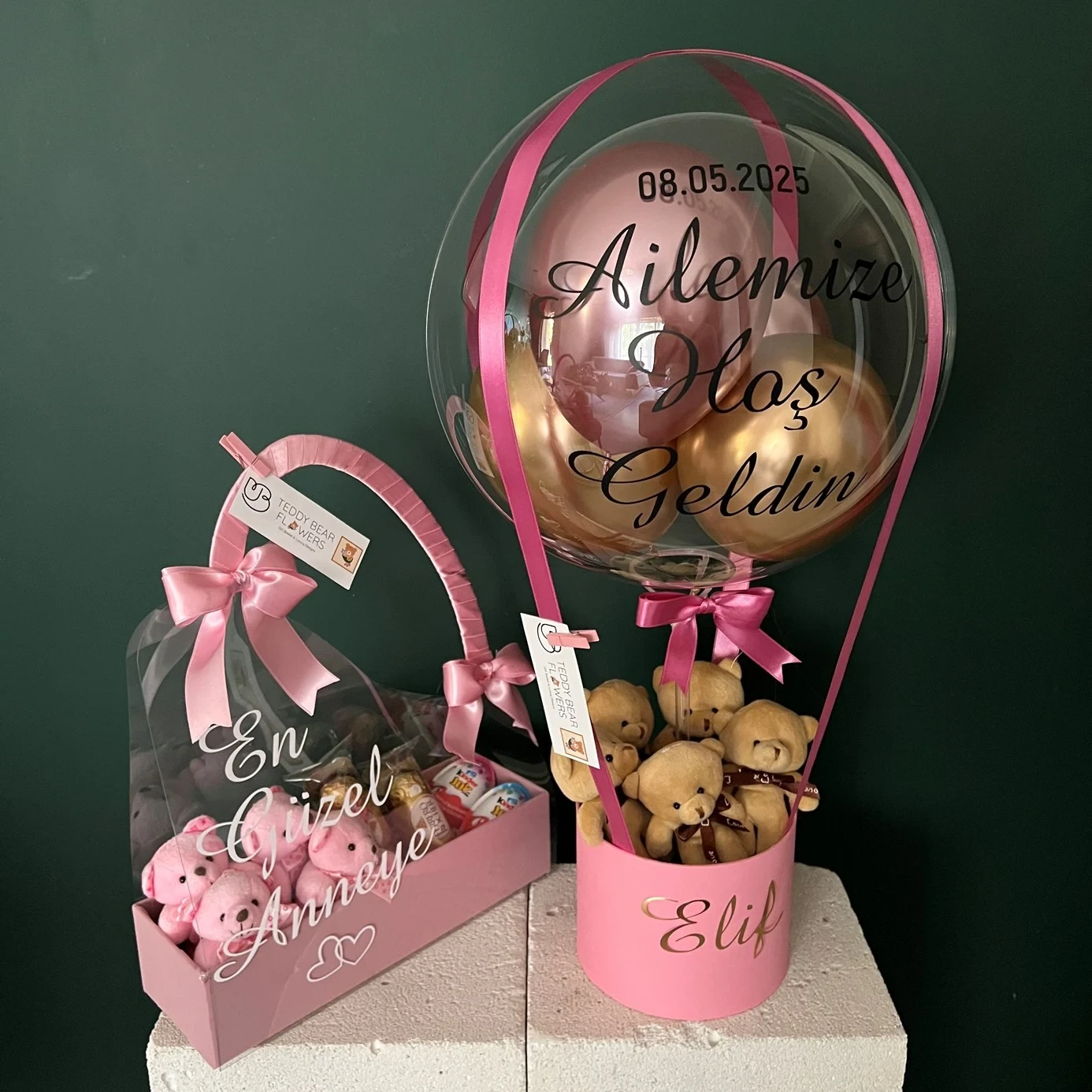 Kişiselleştirilebilir Pembe Çantada Çikolata & Balon Kutusu Set