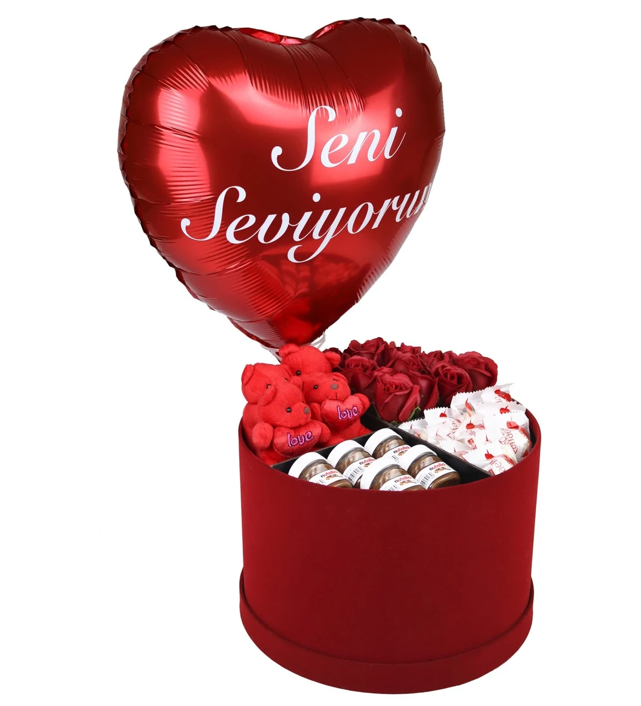 Dev Kırmızı Kadife Kutuda Islak Güller & Love Ayıcık & Seni Seviyorum Balon | Lüx Tasarım