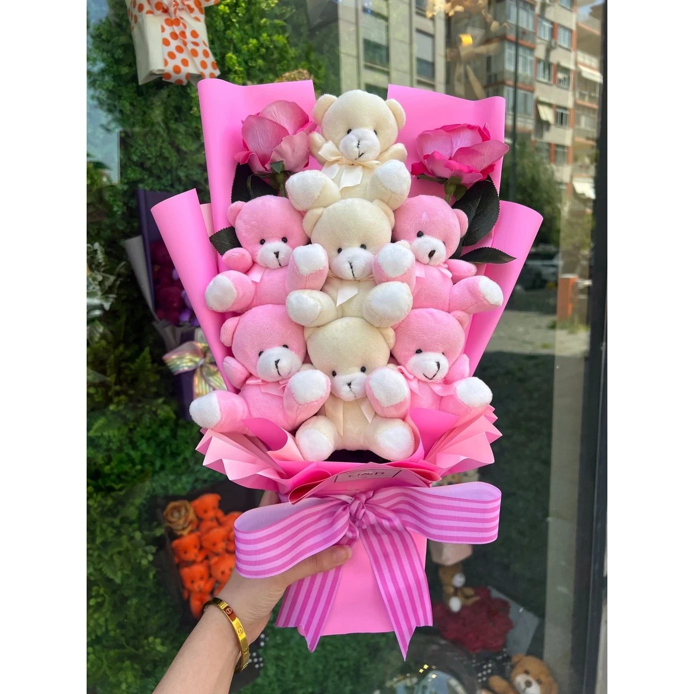 Combo Pink-White Teddy Bear Flowers