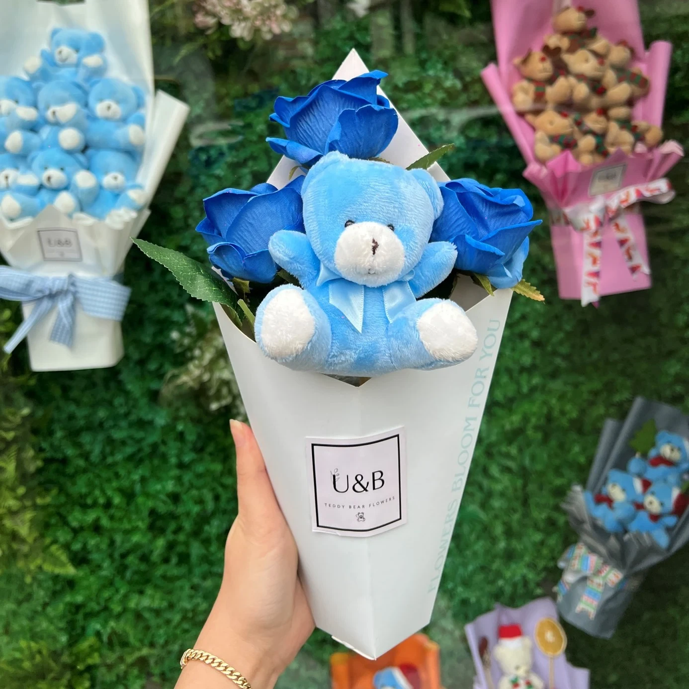 Blue Cone Teddy Bear Flowers