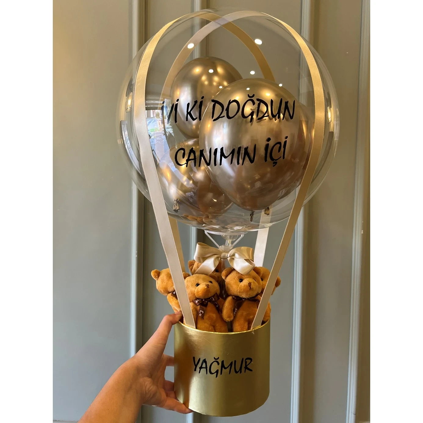 Kişiselleştirebilir Ayıcıklı Gold Balon Kutusu