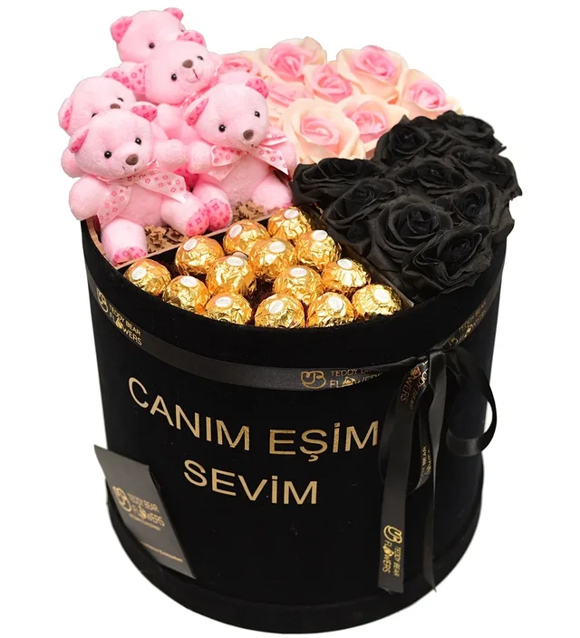 Kişiye Özel Kadife Kutuda Pembe & Siyah Güller Ayıcık & Çikolata