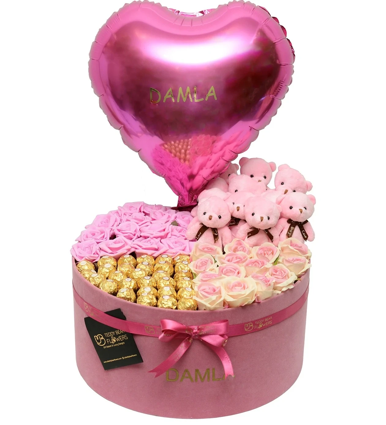 Luxury Kişiselleştirilebilir Pembe Kalp Balonlu Kadife Kutuda Pembe Güller & Ayıcık Çikolata 