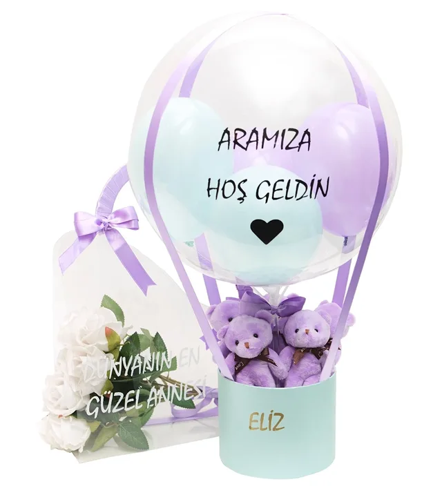 Lila & Su Yeşili Balon Kutusu & Çantada Beyaz Güller Anne Bebek Set