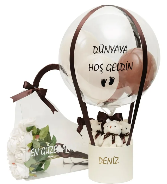 Kahverengi Balon Kutusu & Çantada Güller Yenidoğan Erkek Bebek Hediyesi