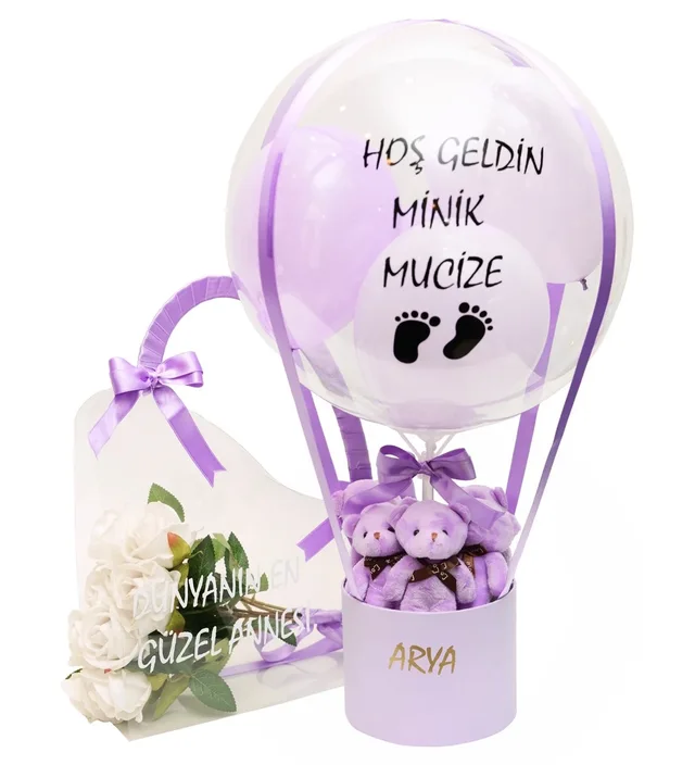 Lila Balon Kutusu & Çantada Beyaz Güller Anne Bebek Set
