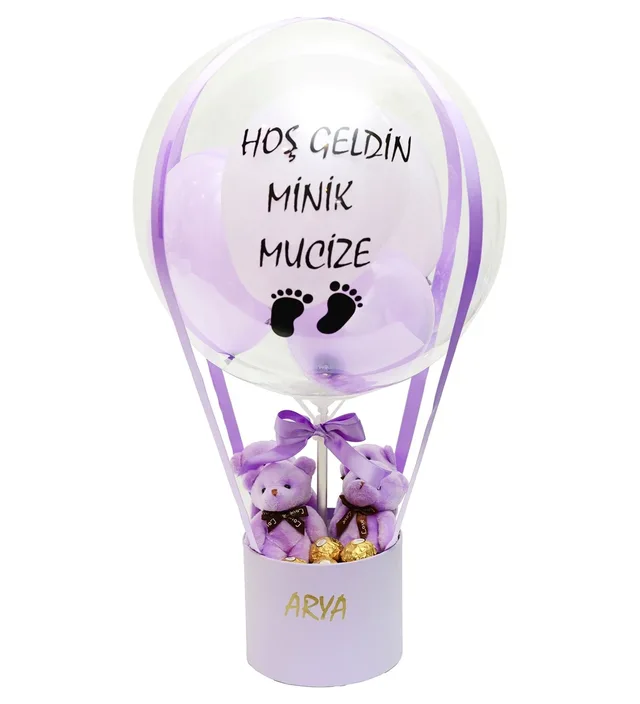 Kişiselleştirebilir Çikolatalı Ayıcıklı Lila Balon Kutusu