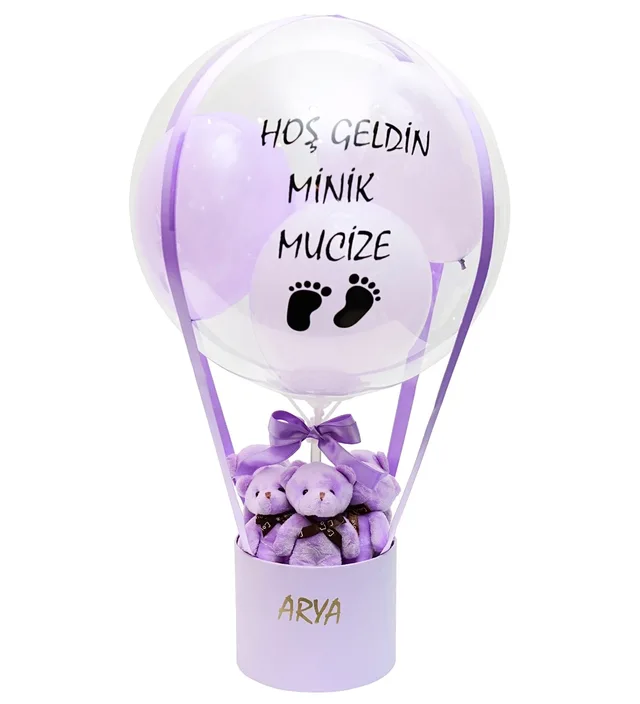 Lila Ayıcıklı Kız Bebek Hediye Balon Kutusu