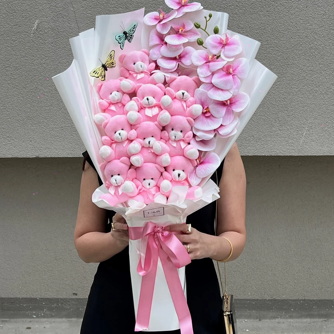 Premium Pink Butterfly Teddy Bear Flowers