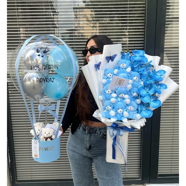 Mavi Yenidoğan Erkek Bebek Balon Kutusu & Premium Dev Orkideli Ayıcık Buket Anne Bebek Set