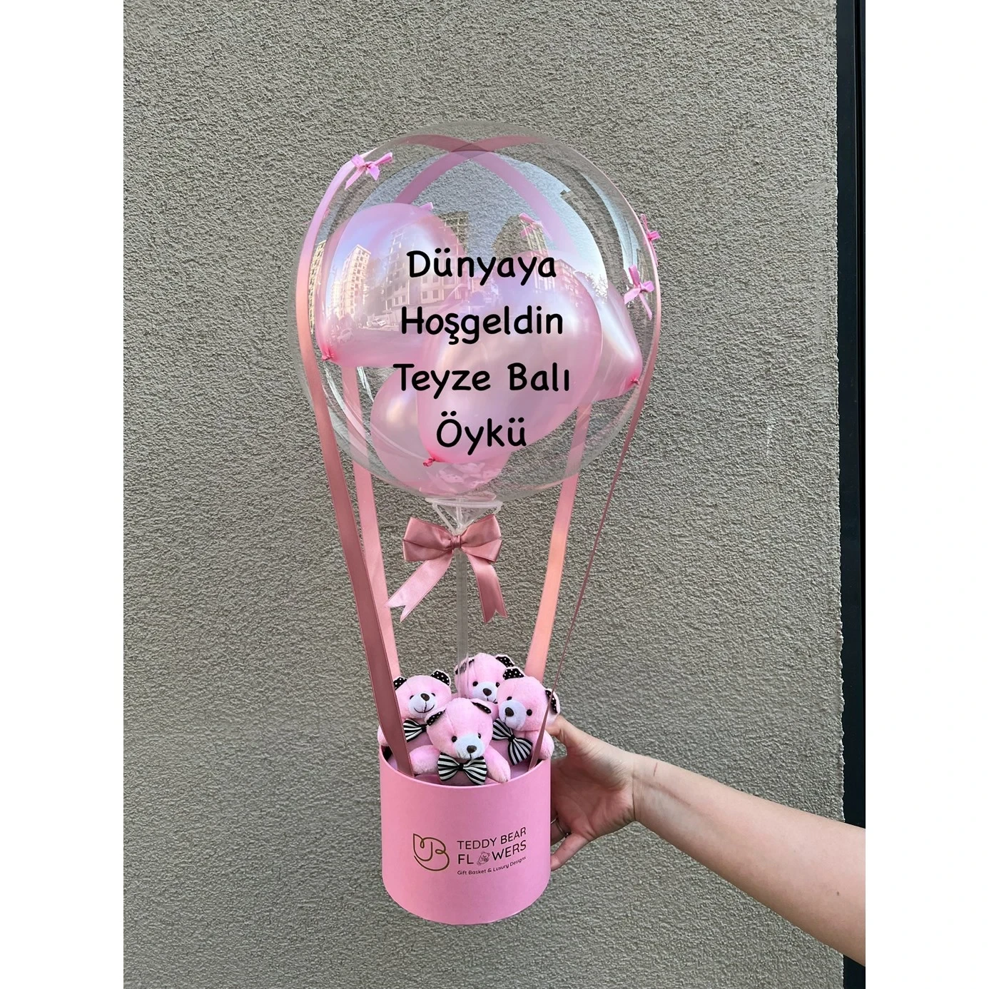Pembe Yenidoğan Kız Bebek Ayıcıklı Balon Kutusu
